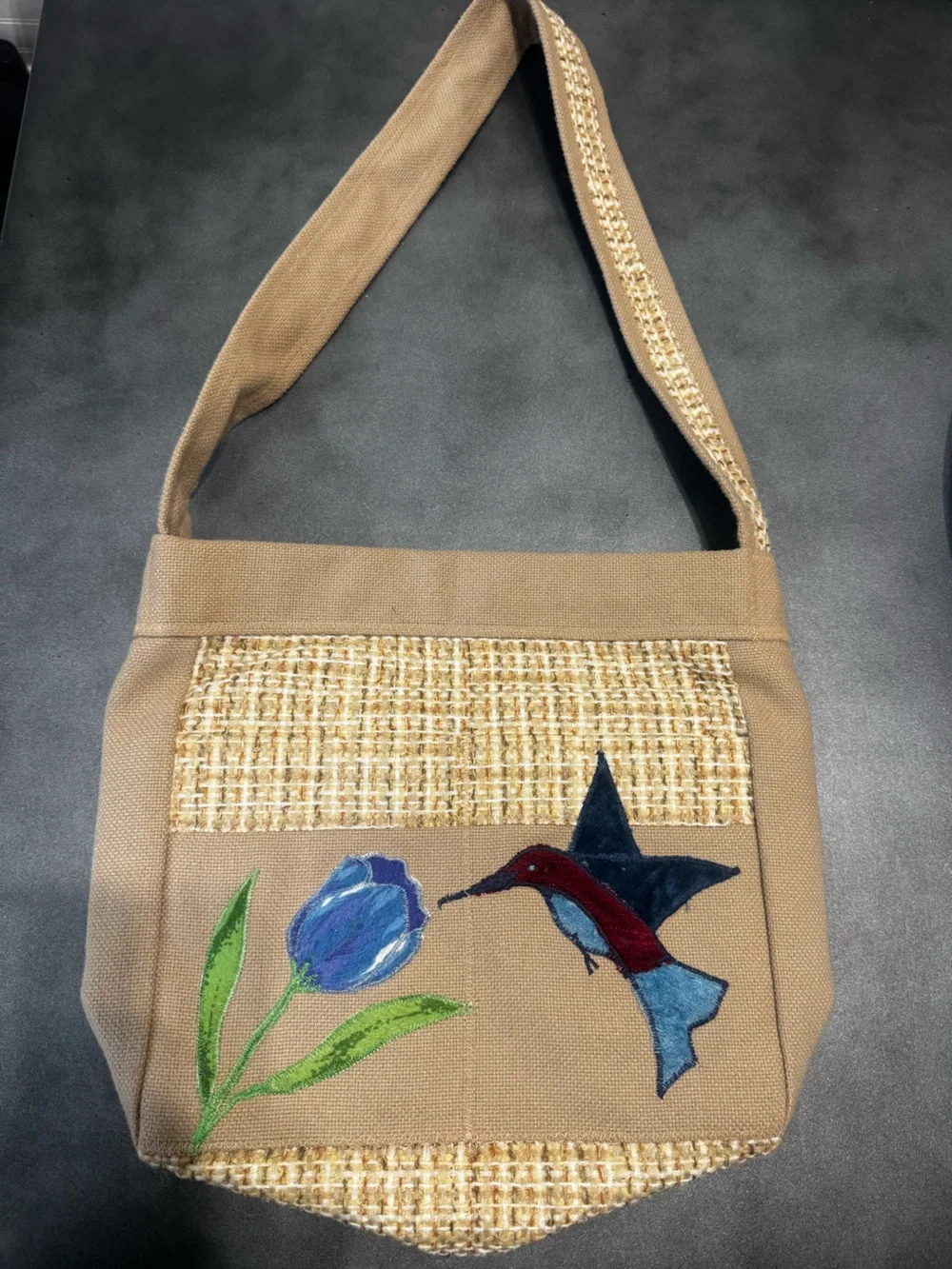 Hand-Painted Hummingbird Floral Canvas Shoulder Bag - Beige